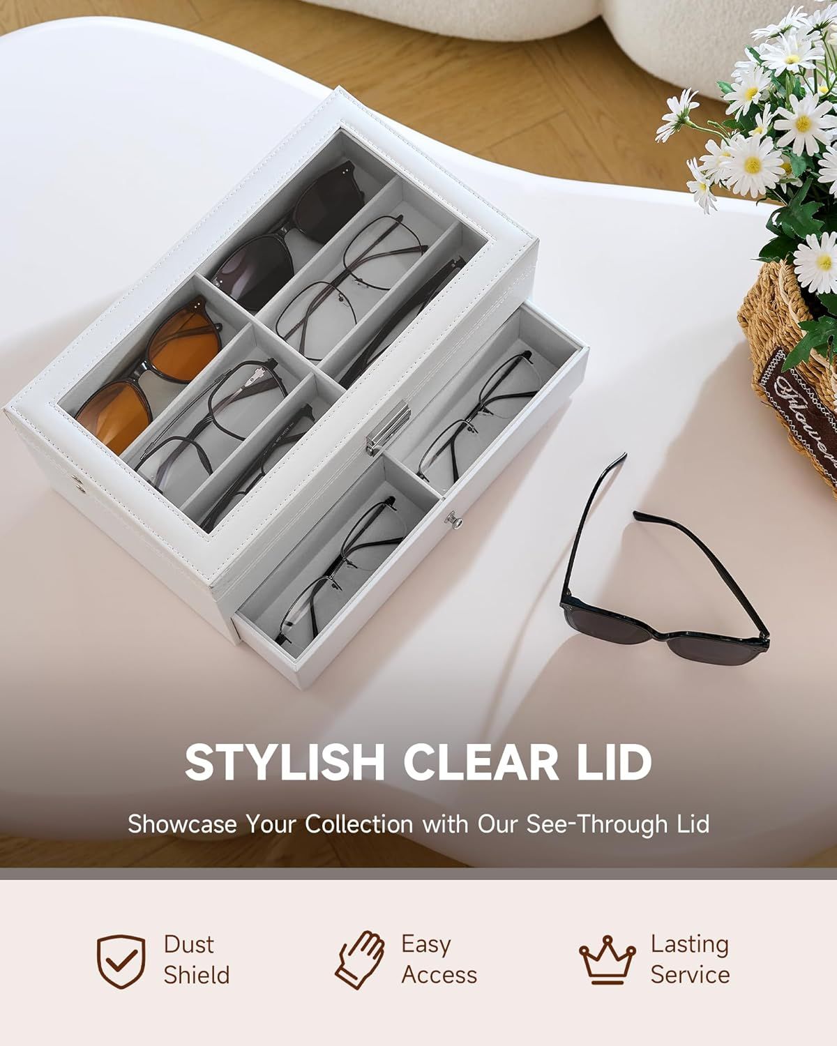 Lockable Sunglasses Organizer and Eyeglasses Display Case with Drawer
