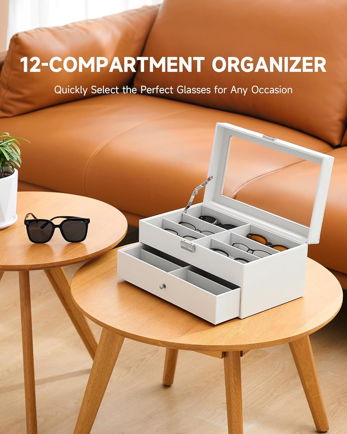 Lockable Sunglasses Organizer and Eyeglasses Display Case with Drawer