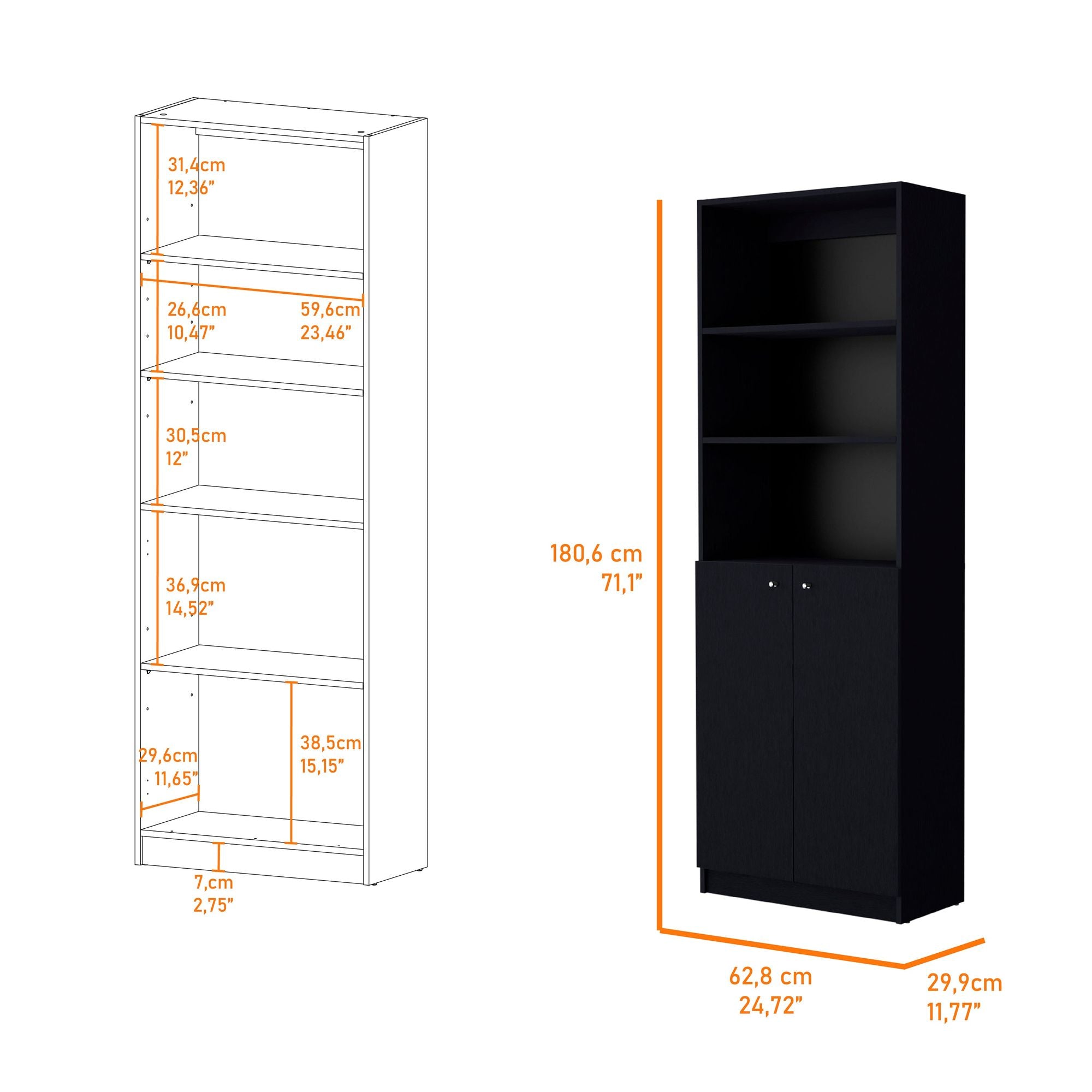 Sutton 2-Door Bookcase with Multi-Level Shelves and Double Door Design