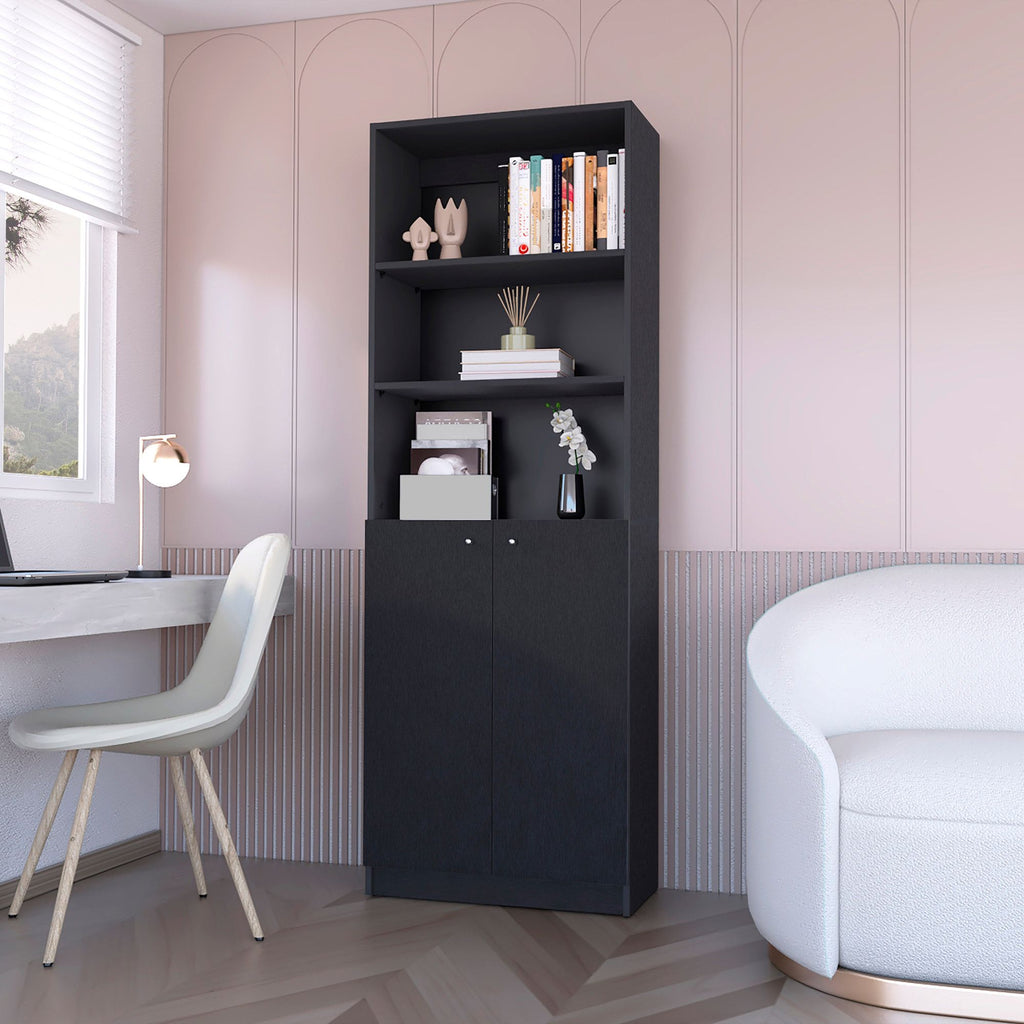 Sutton 2-Door Bookcase with Multi-Level Shelves and Double Door Design