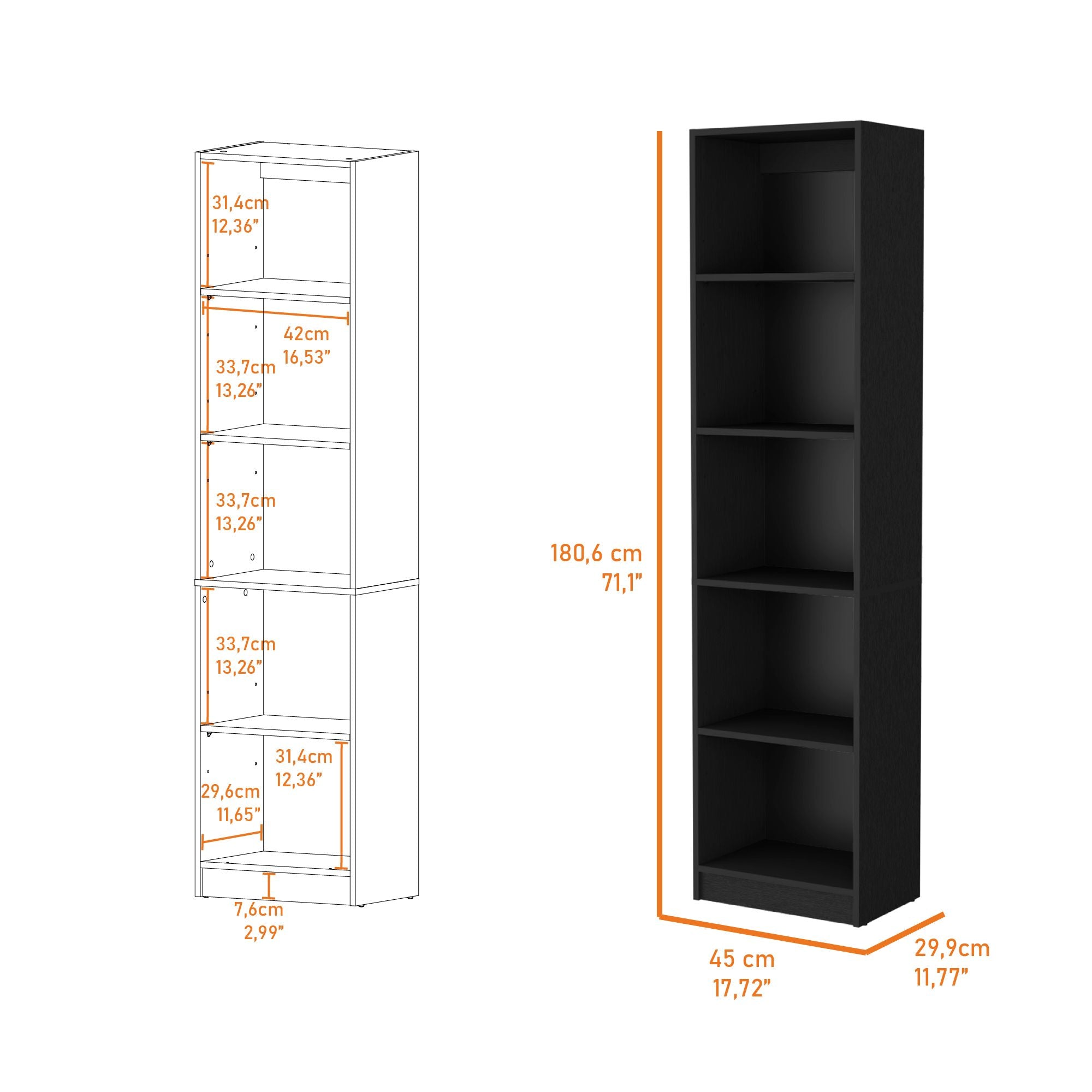 Sutton Slim Bookcase with 5 Shelves for Modern Living