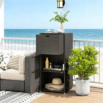 Dark Brown Outdoor Storage Cabinet with Drawer and Wicker Design