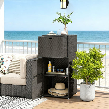 Dark Brown Outdoor Storage Cabinet with Drawer and Wicker Design