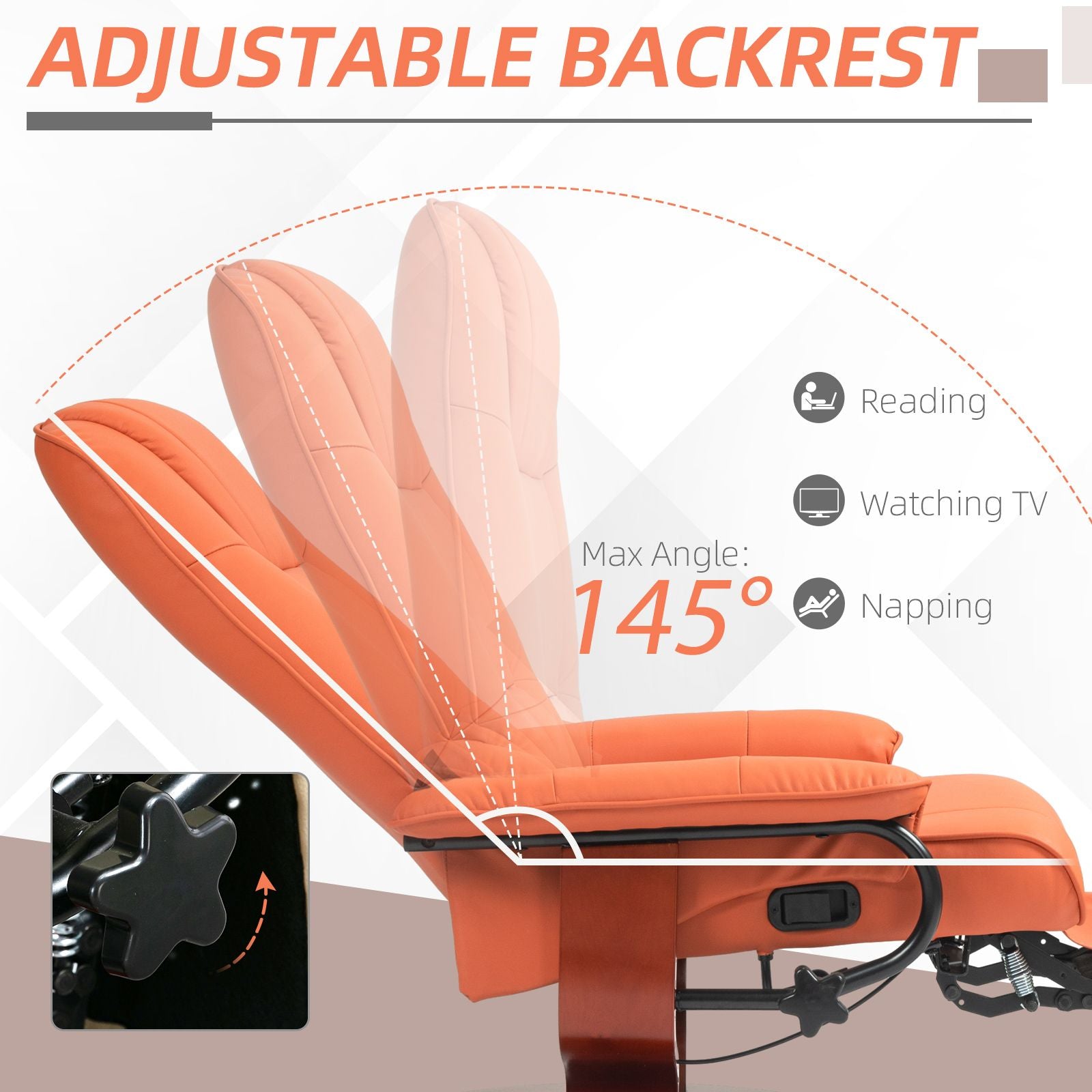 Light Red Swivel Recliner Chair with Footrest and Wood Base