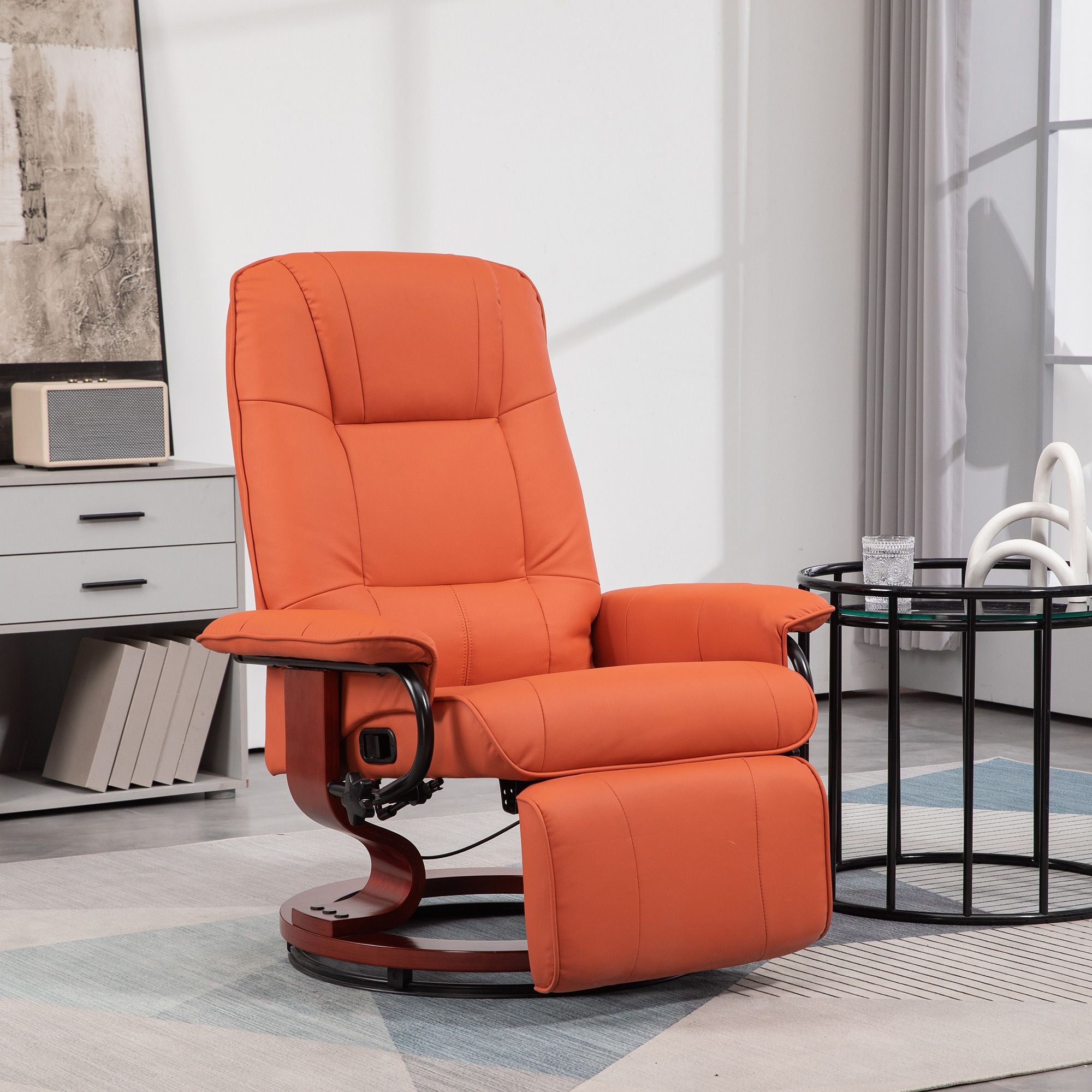 Light Red Swivel Recliner Chair with Footrest and Wood Base