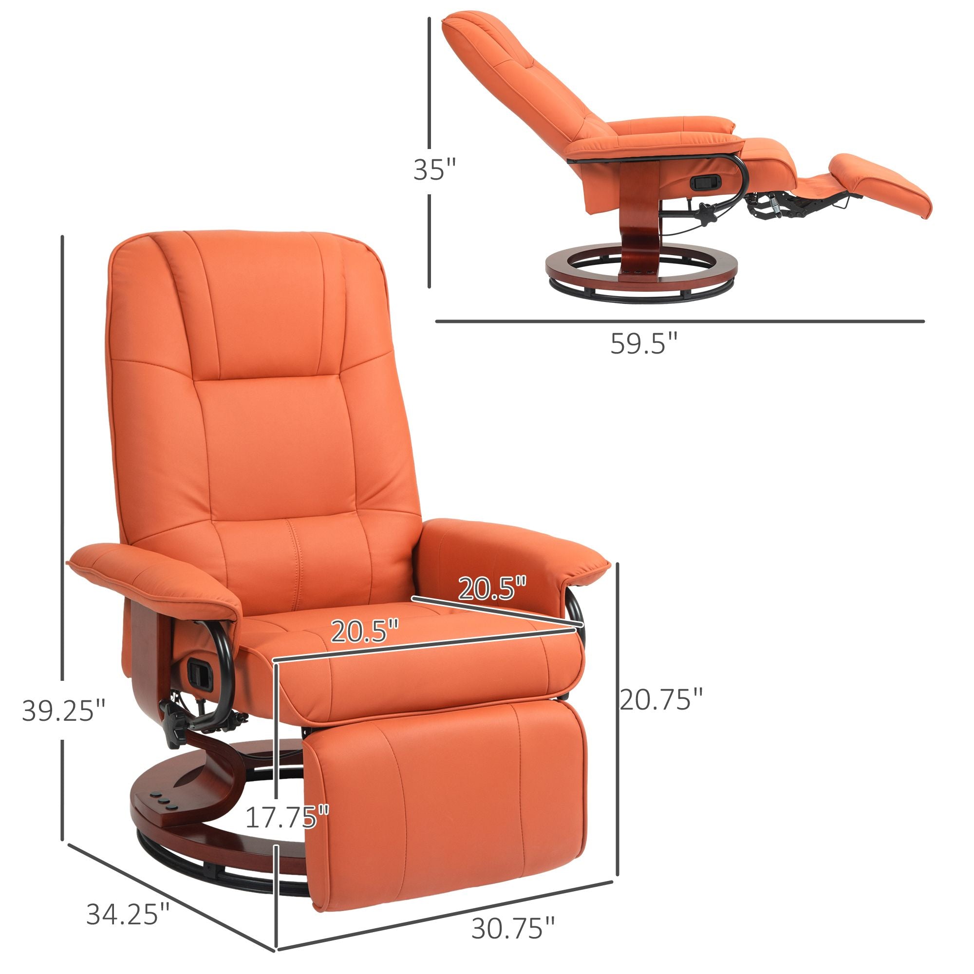 Light Red Swivel Recliner Chair with Footrest and Wood Base