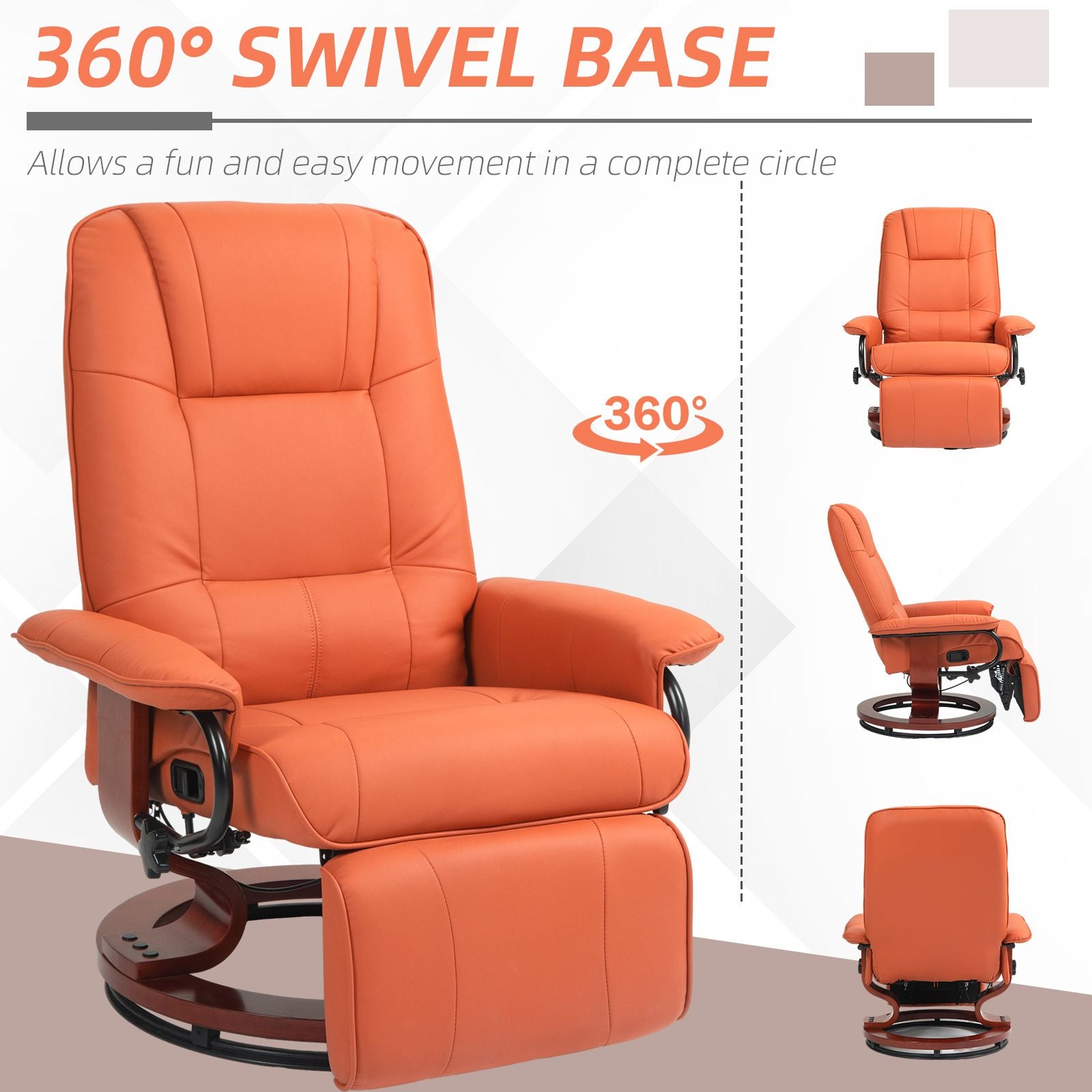 Light Red Swivel Recliner Chair with Footrest and Wood Base