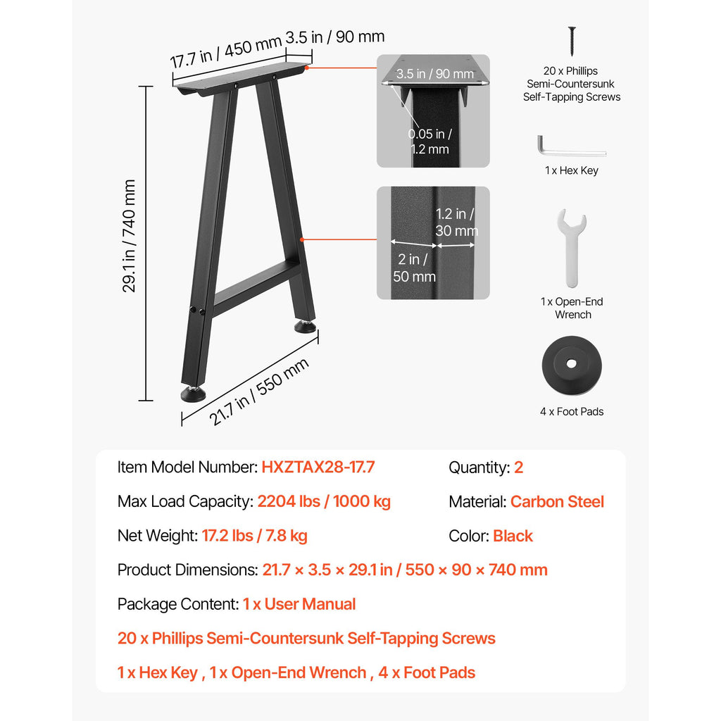 Table Legs, H x W Trapezoid Steel Furniture Legs, Modular Design, Easy