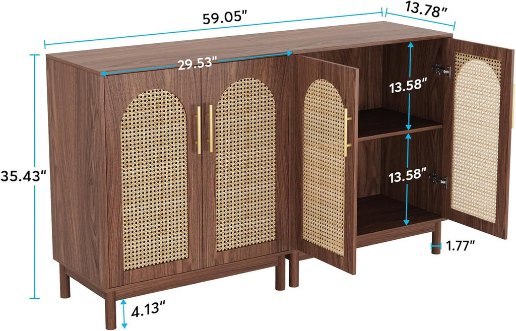 Elegant Sideboard Cabinet with Handmade Rattan Doors and Ample Storage