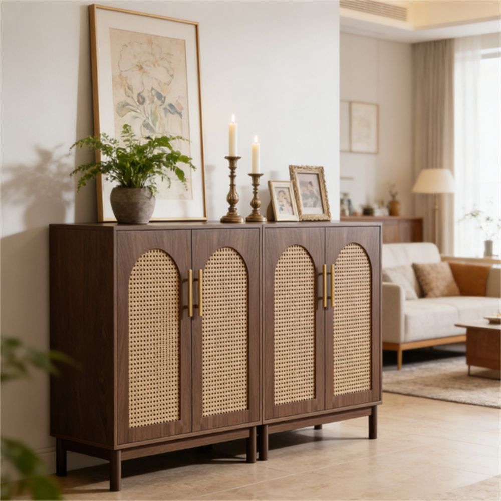 Elegant Sideboard Cabinet with Handmade Rattan Doors and Ample Storage