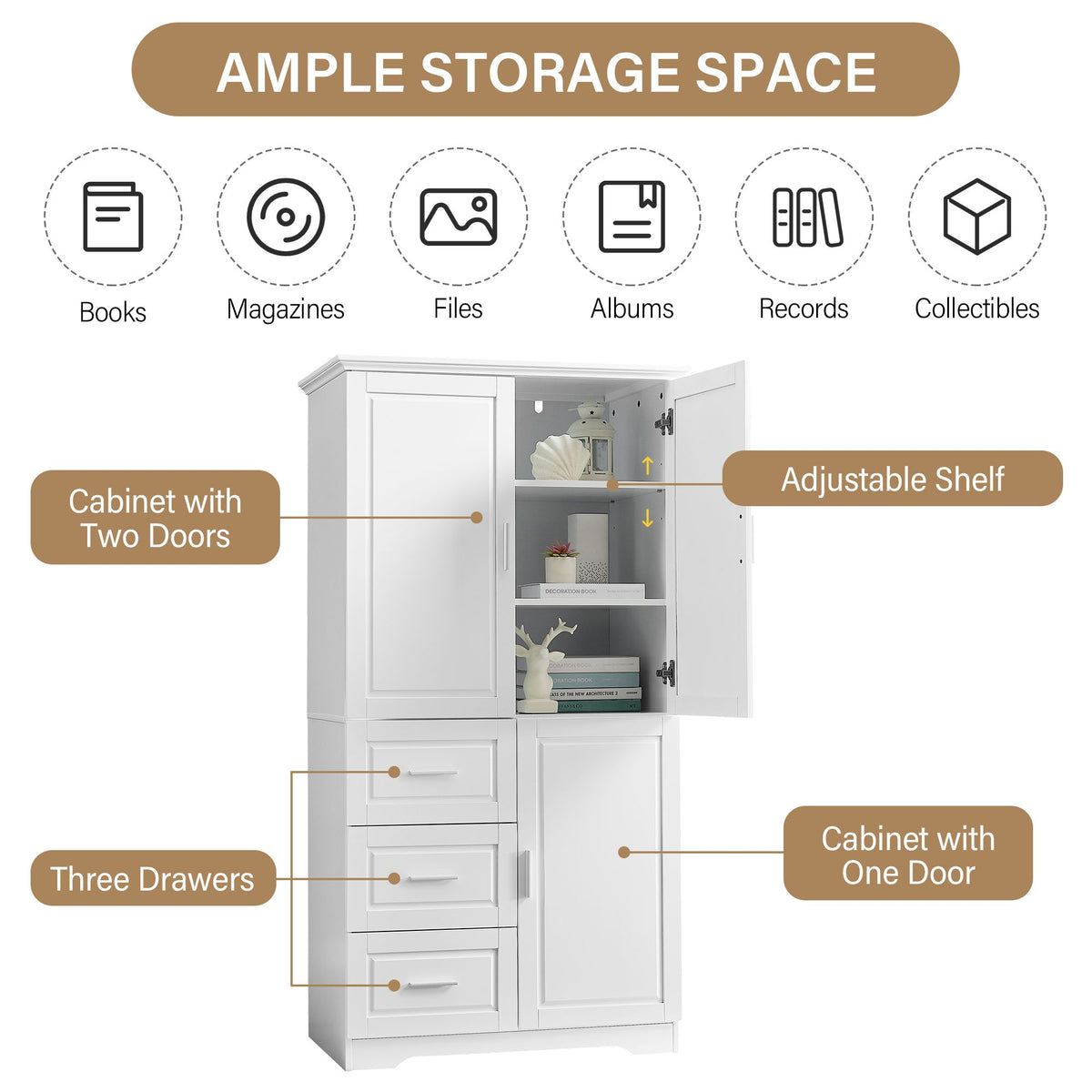 Tall Storage Cabinet with Doors and Three Drawers