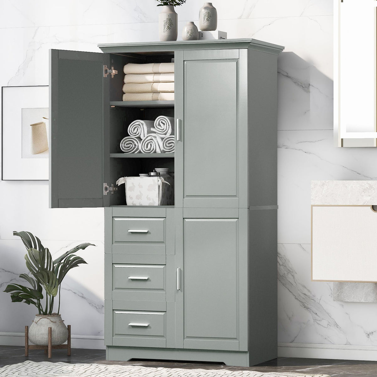 Tall Storage Cabinet with Doors and Three Drawers
