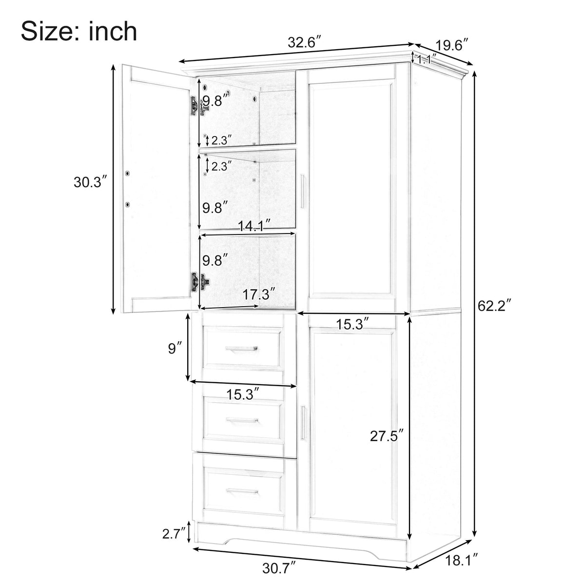 Tall Storage Cabinet with Doors and Three Drawers