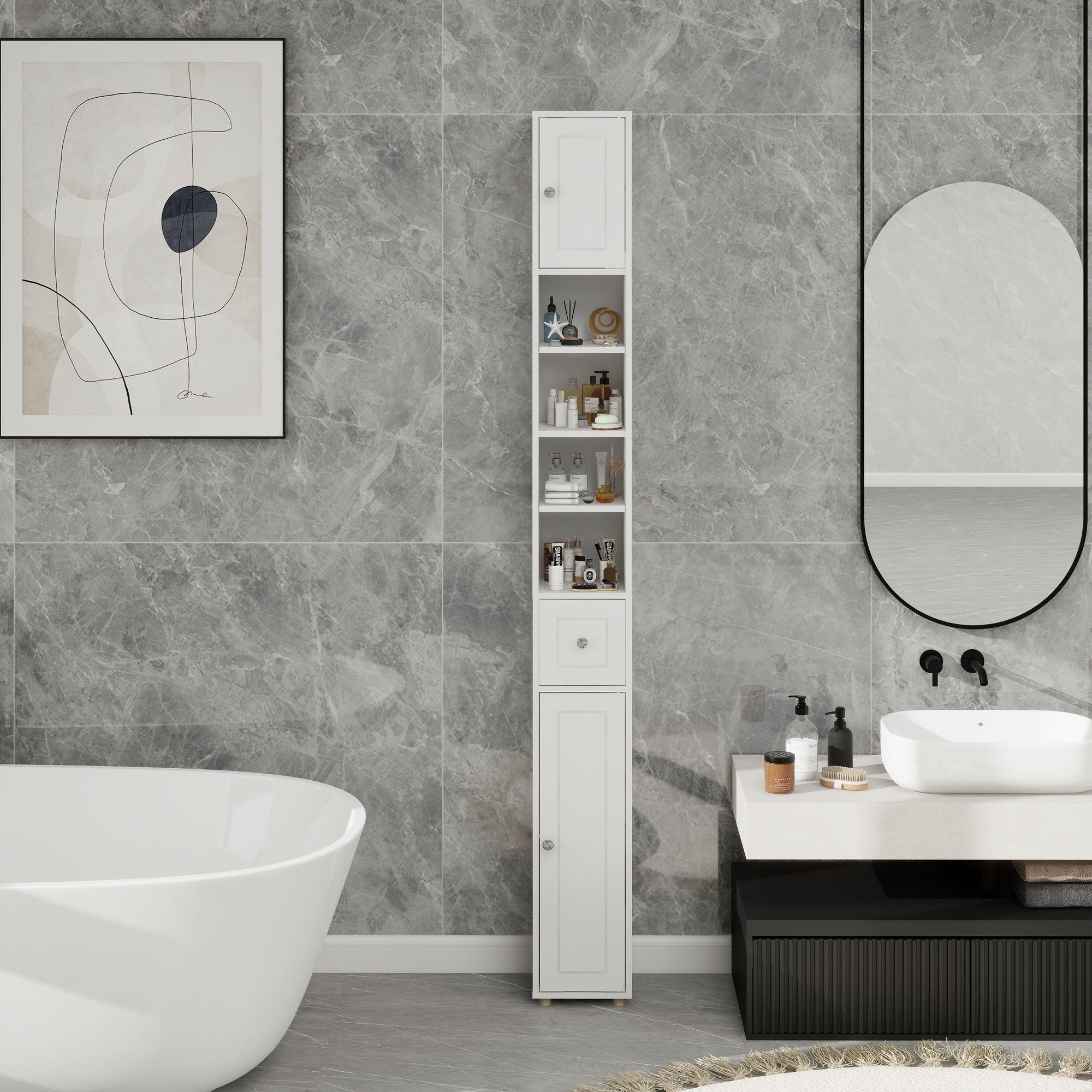 Tall Slim Bathroom Storage Cabinet with Drawer and Adjustable Shelves