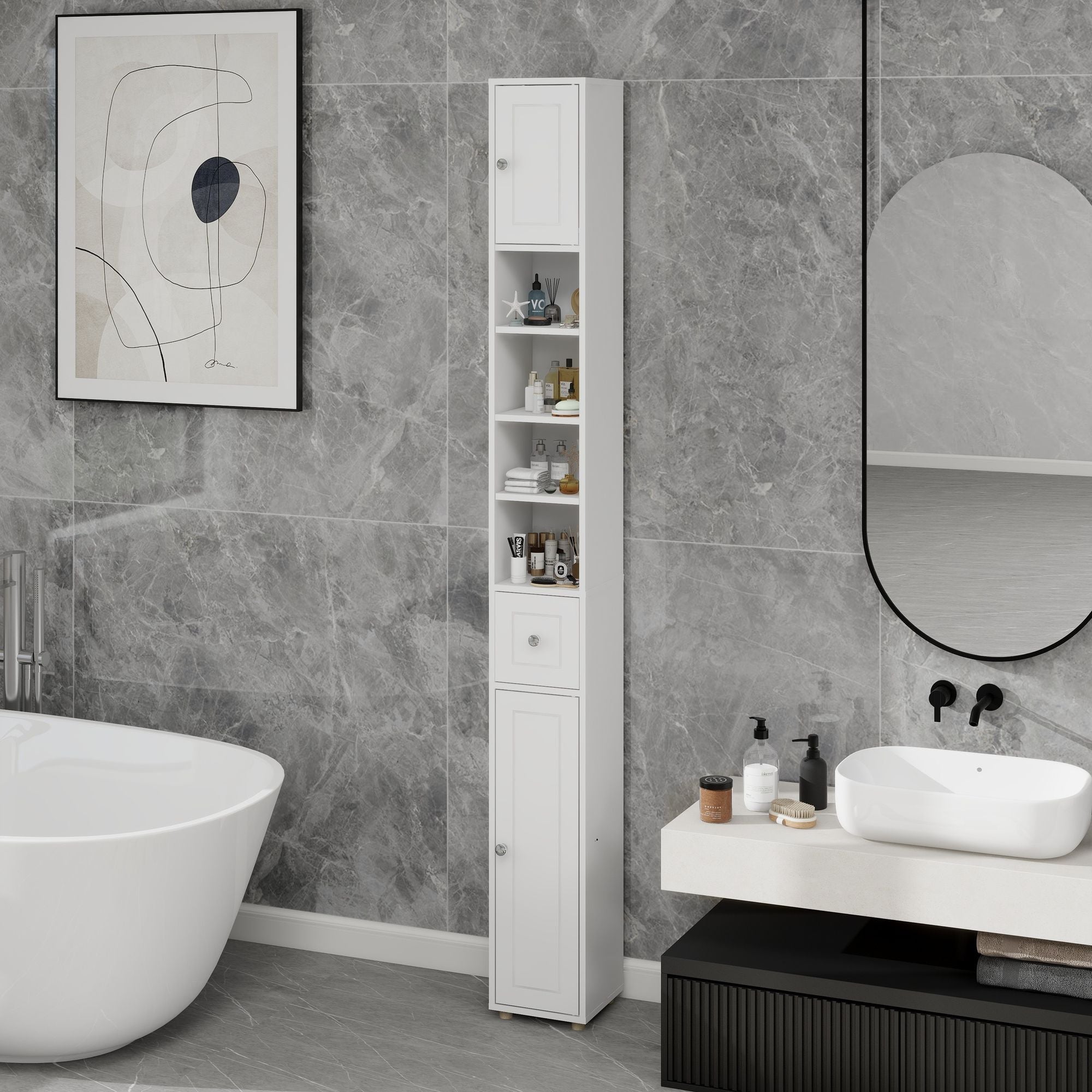 Tall Slim Bathroom Storage Cabinet with Drawer and Adjustable Shelves