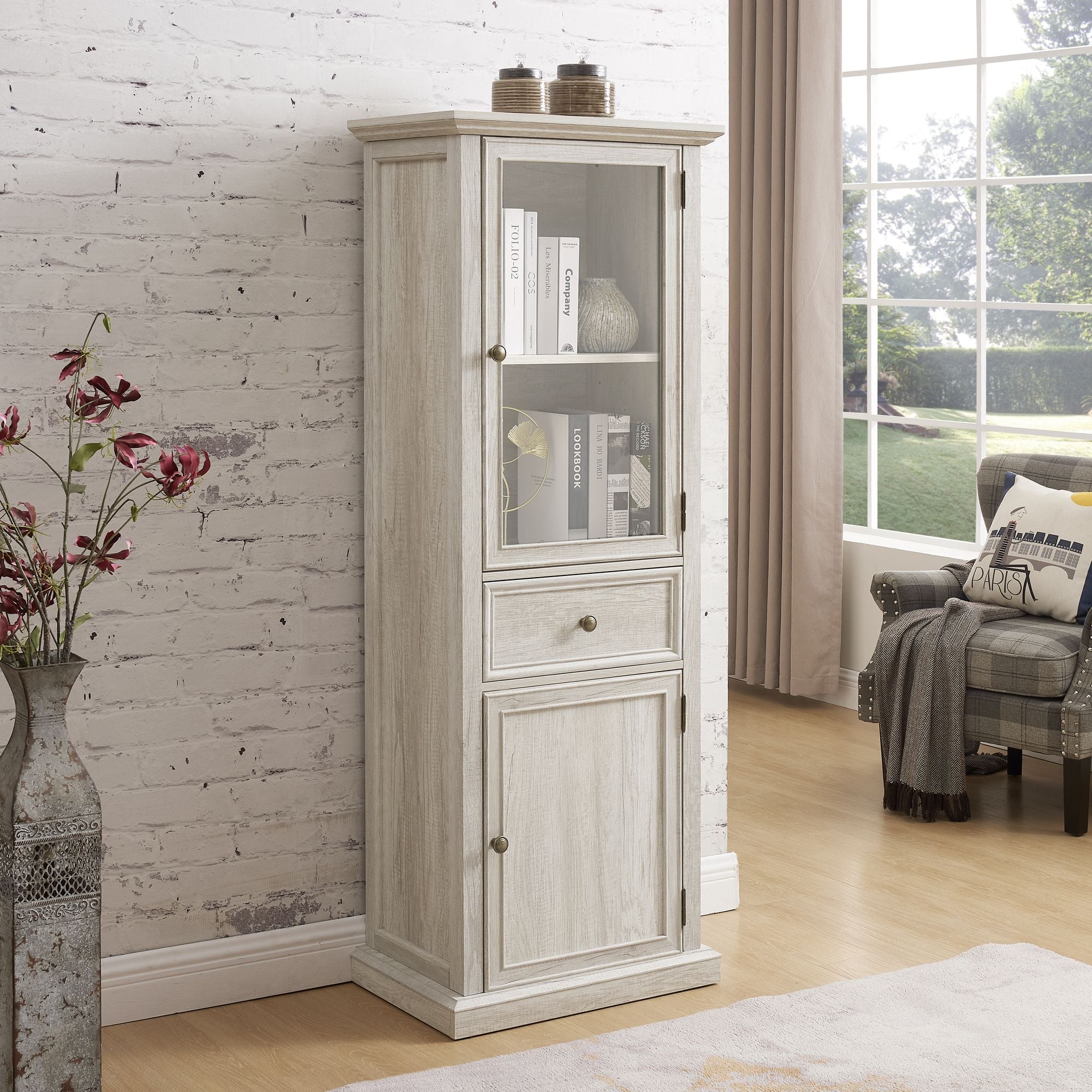 Classical Farmhouse Glass-Door Storage Cabinet