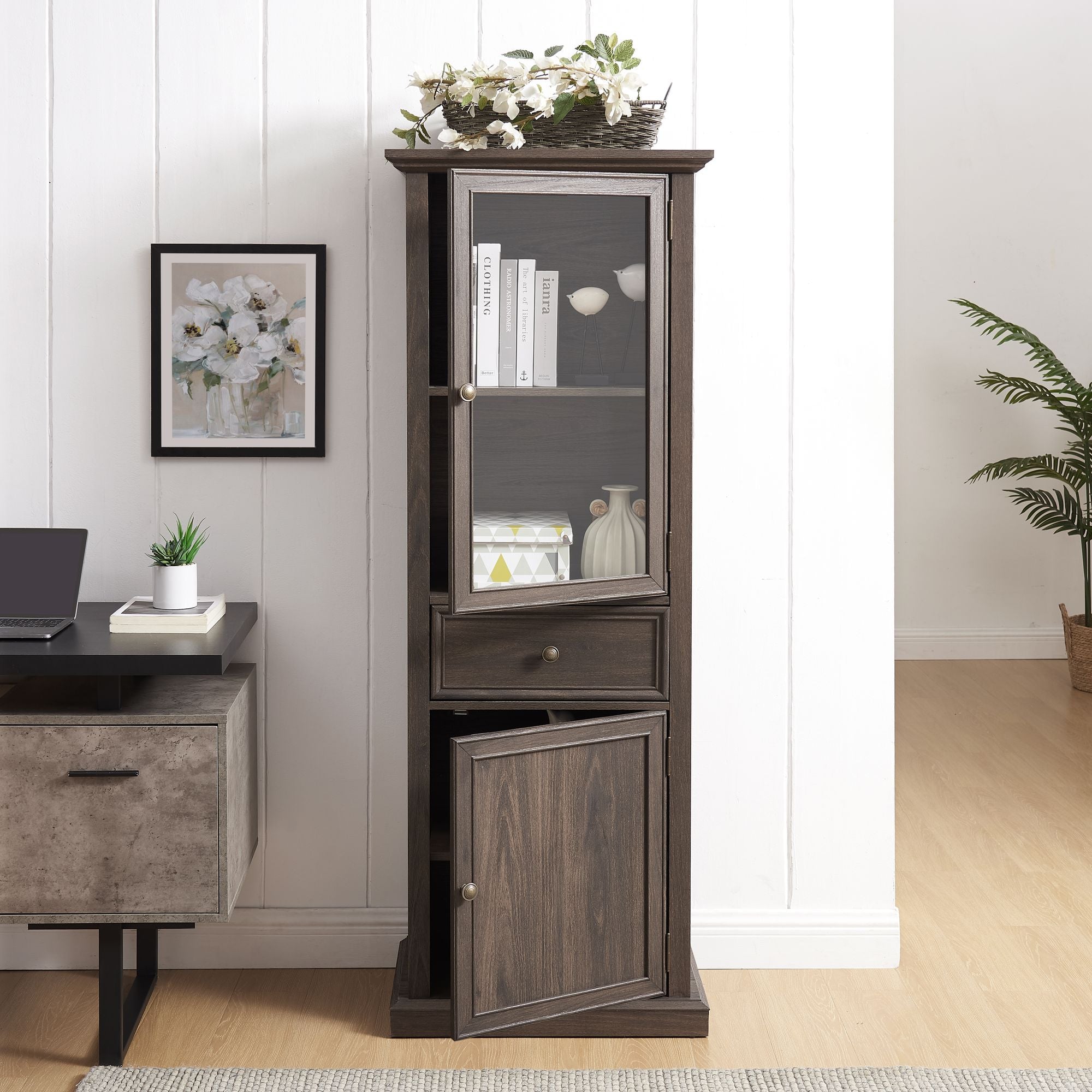 Classical Farmhouse Glass-Door Storage Cabinet