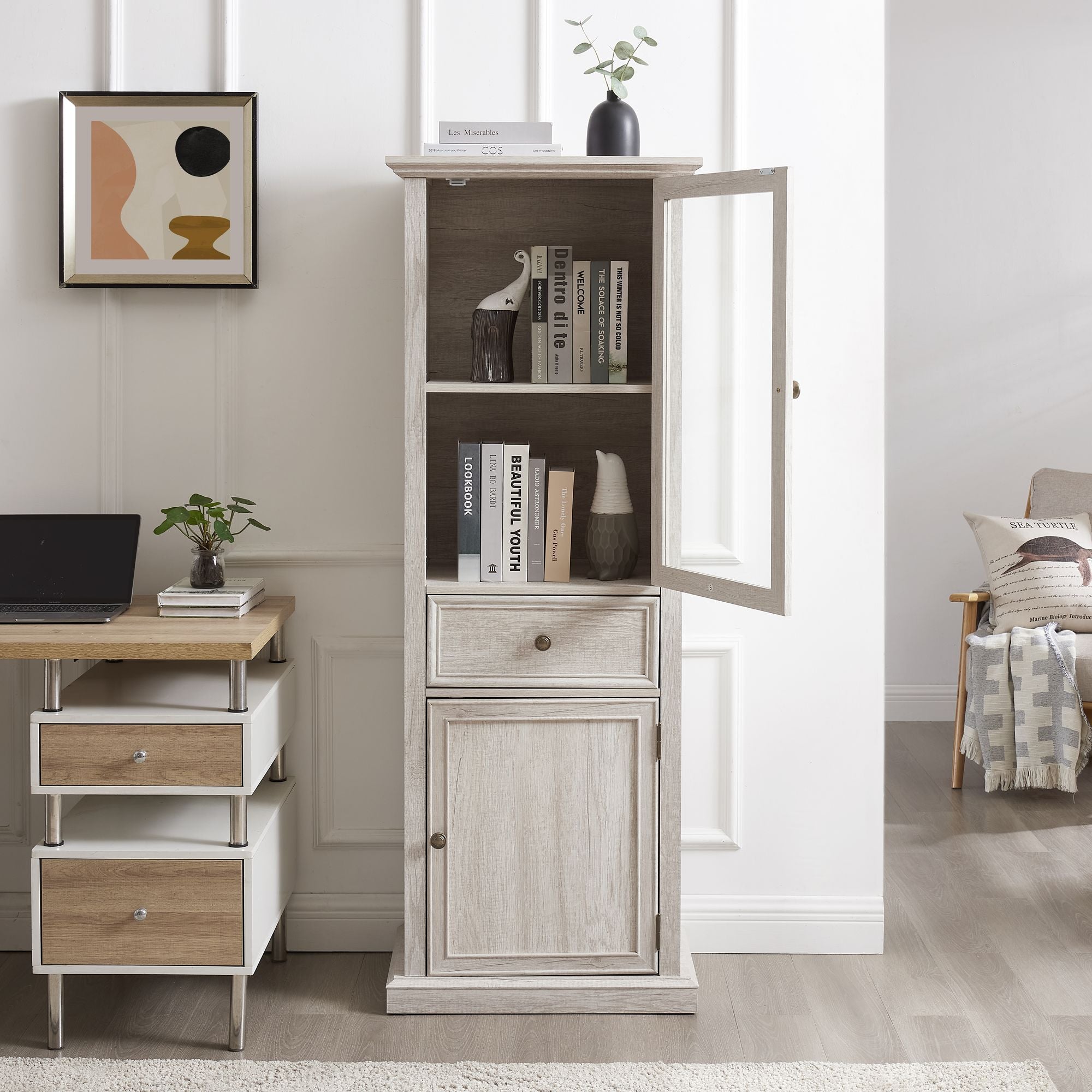 Classical Farmhouse Glass-Door Storage Cabinet