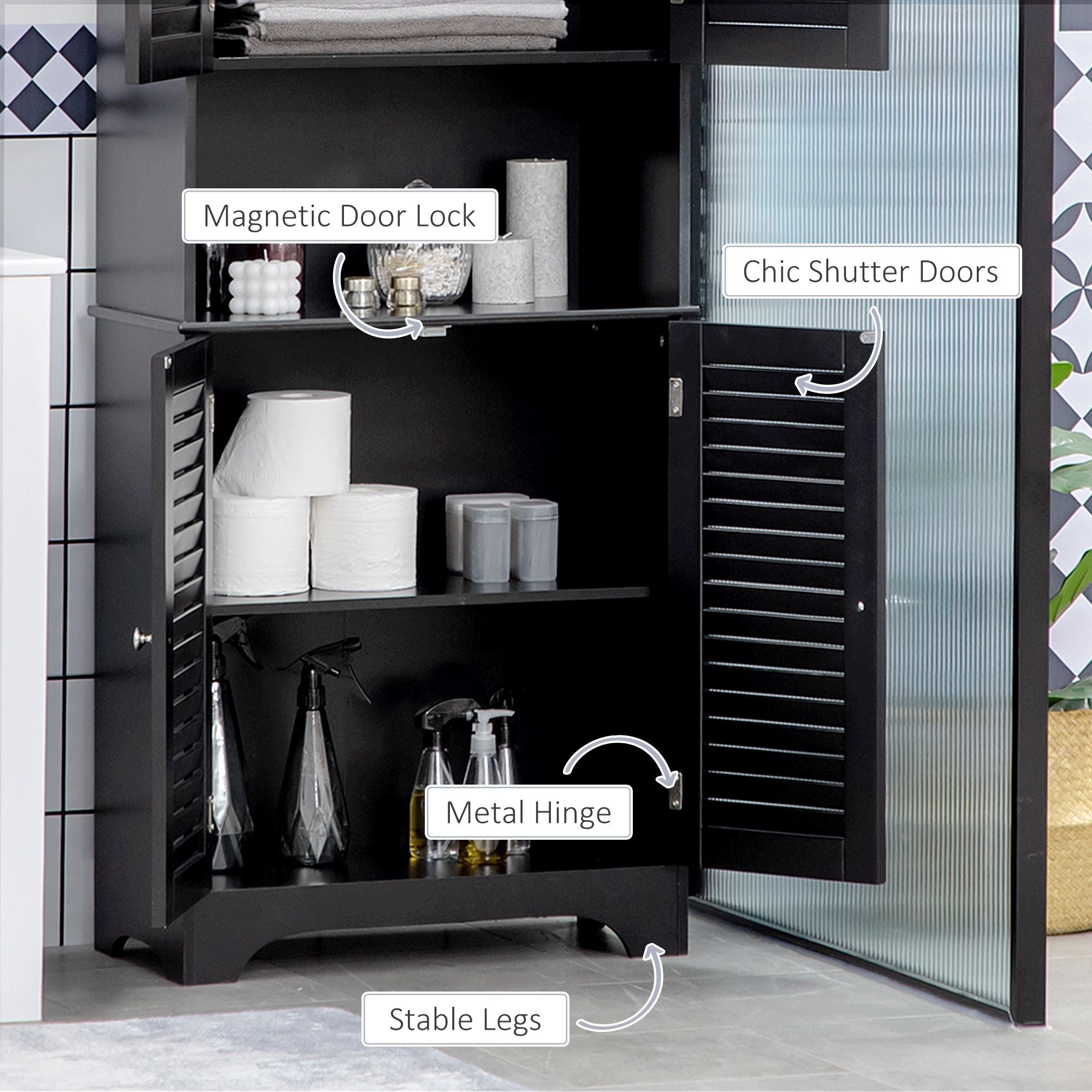 Tall Storage Cabinet with Doors and Shelf – Black Linen Tower for Bathroom & More