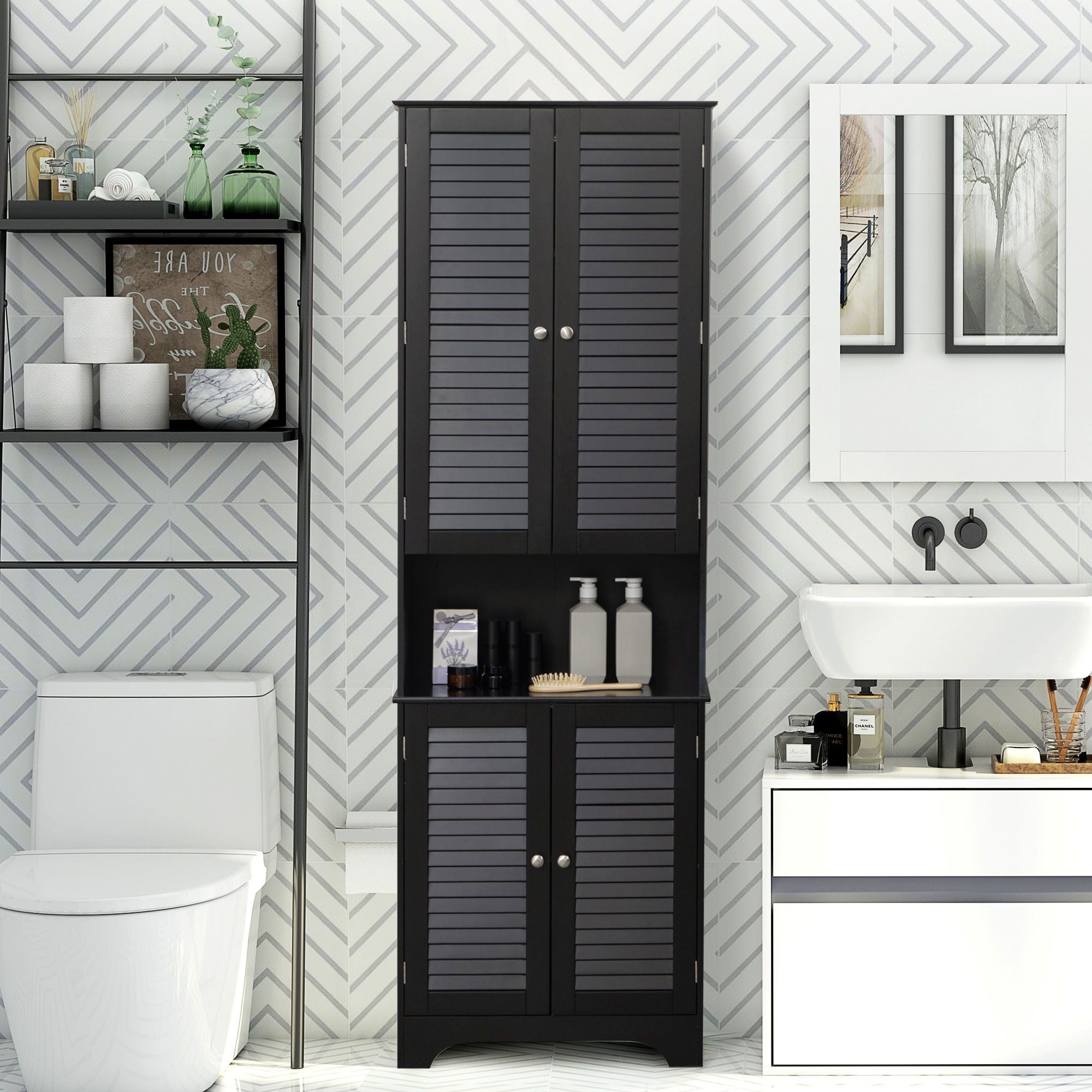 Tall Storage Cabinet with Doors and Shelf – Black Linen Tower for Bathroom & More