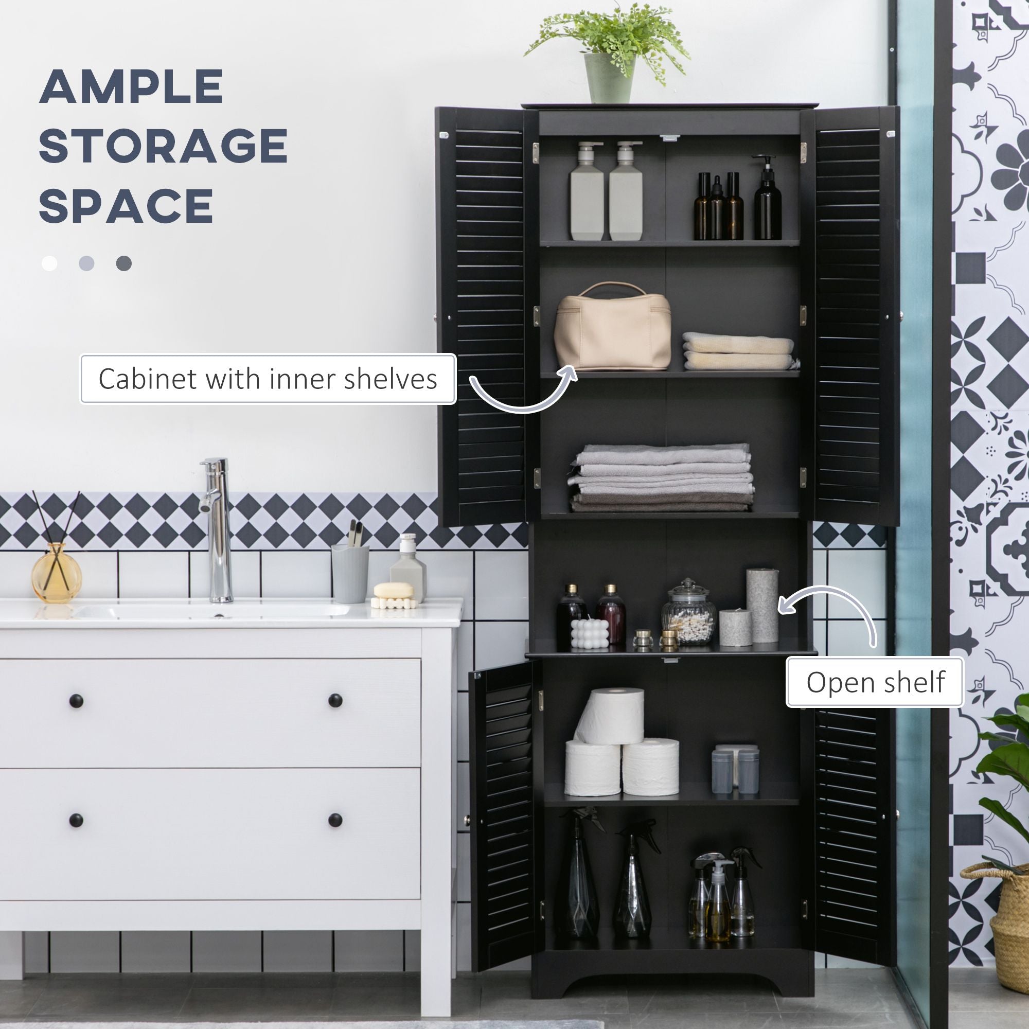 Tall Storage Cabinet with Doors and Shelf – Black Linen Tower for Bathroom & More