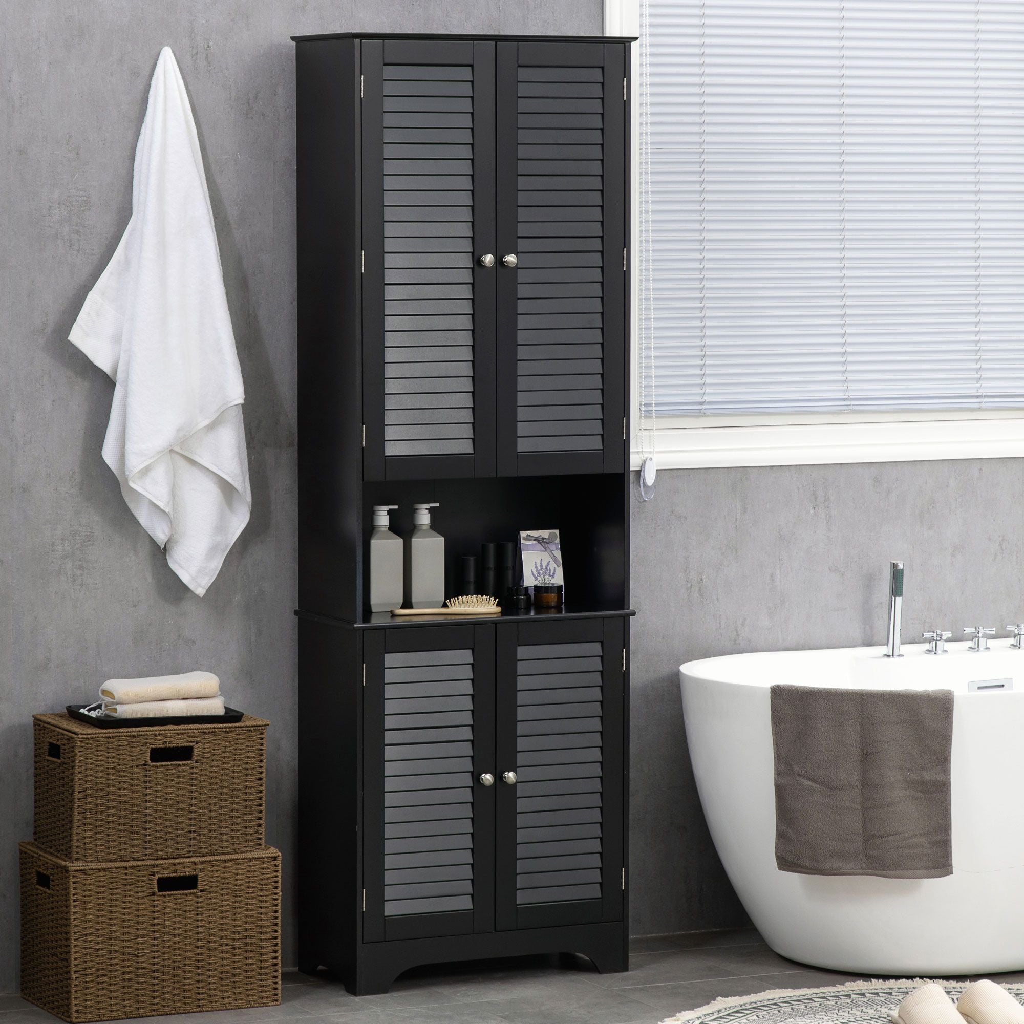 Tall Storage Cabinet with Doors and Shelf – Black Linen Tower for Bathroom & More