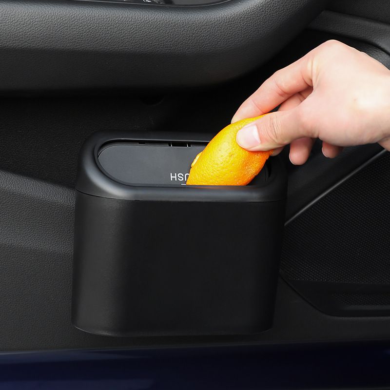 Compact Vehicle Trash Can with Self-Leveling Lid