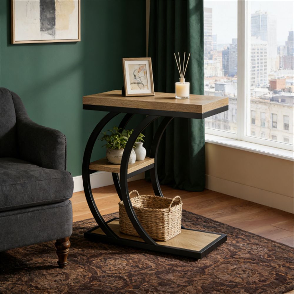 C-Shape Side Table with Three Open Shelves