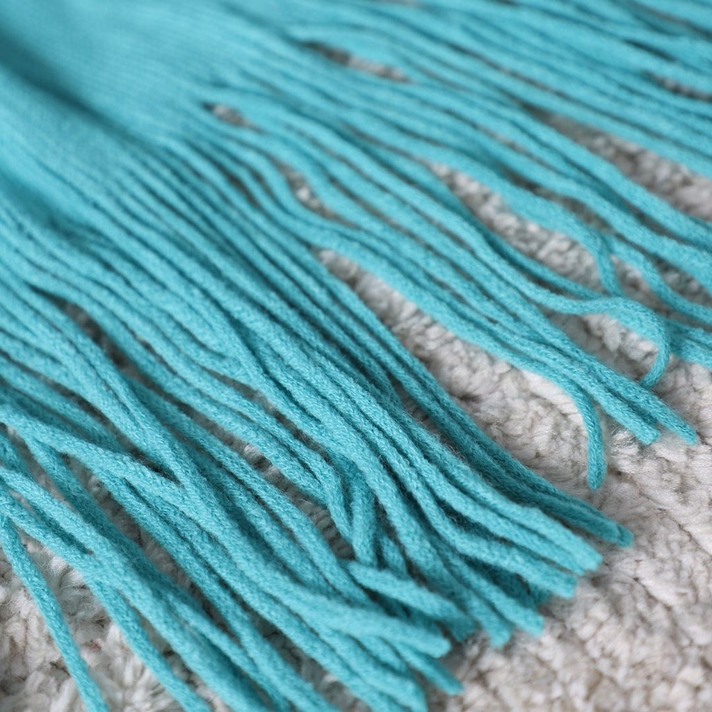 Teal Knitted Throw with Fringed Edges
