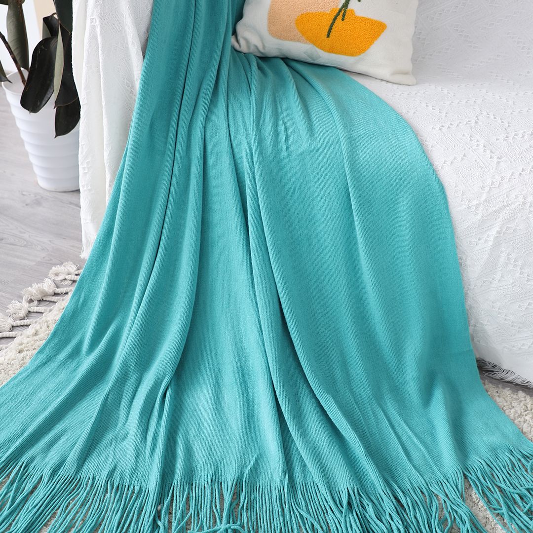 Teal Knitted Throw with Fringed Edges
