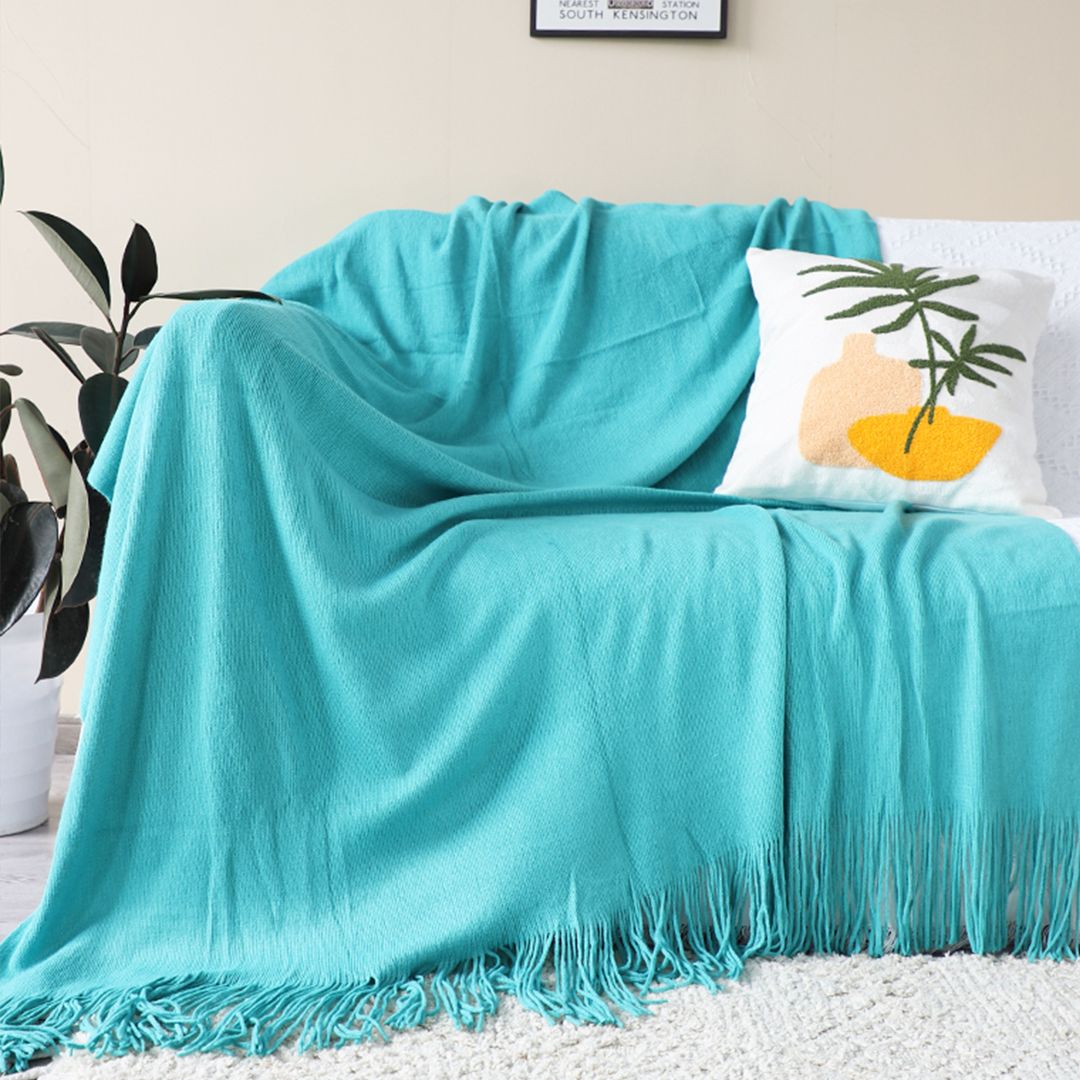 Teal Knitted Throw with Fringed Edges