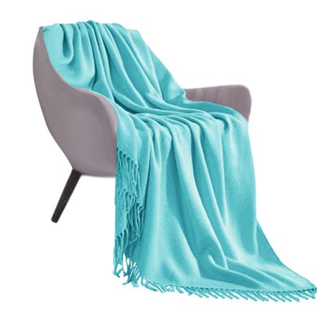 Teal Knitted Throw with Fringed Edges