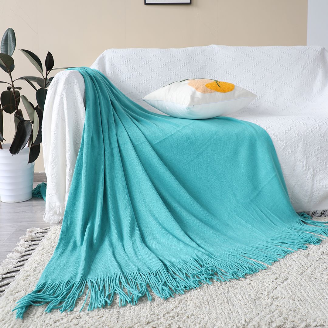 Teal Knitted Throw with Fringed Edges