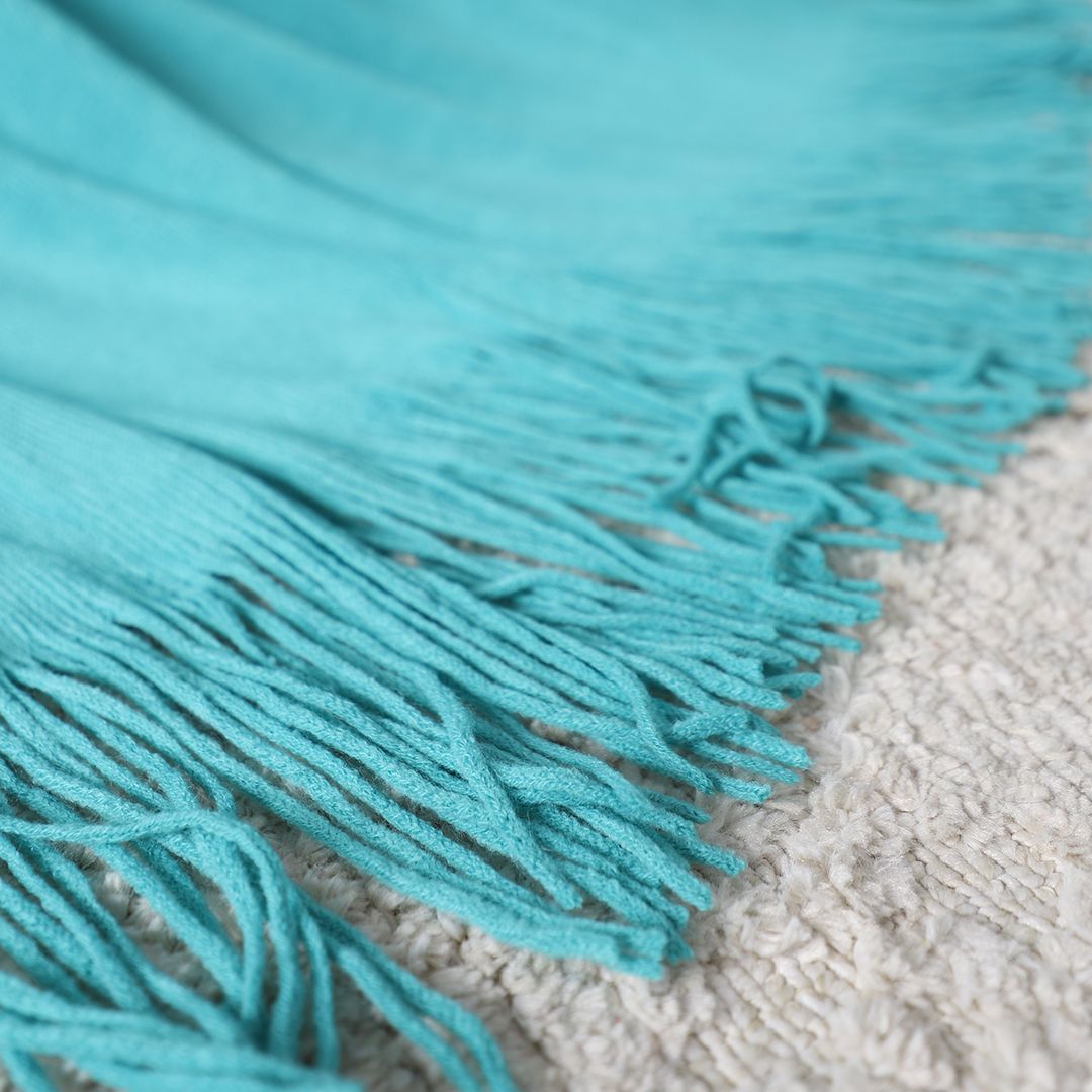 Teal Knitted Throw with Fringed Edges