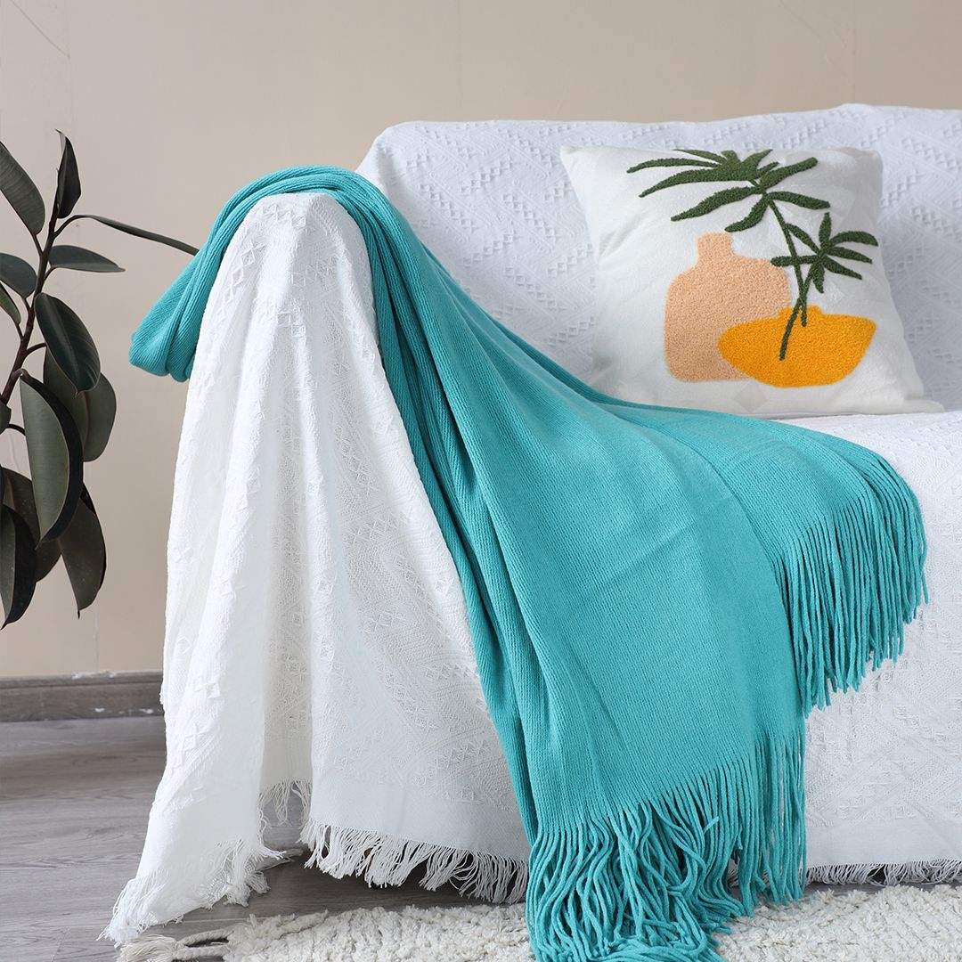 Teal Knitted Throw with Fringed Edges