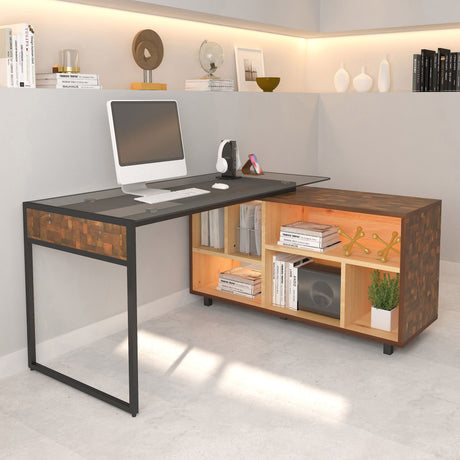 Techni Mobili Oak Corner Desk with Six Shelves