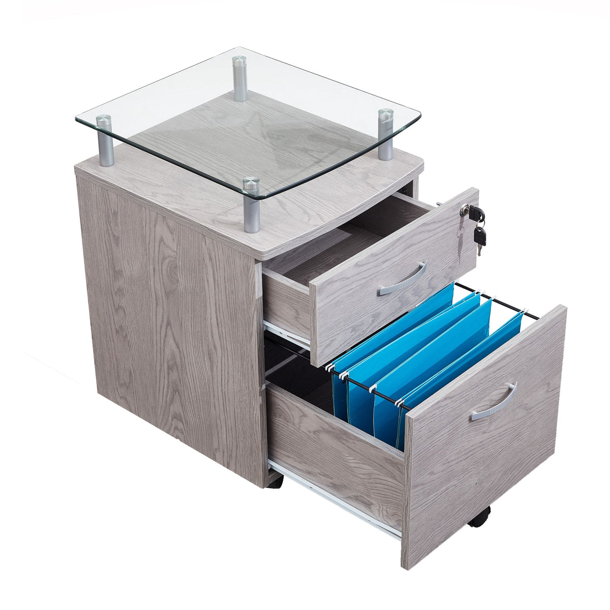 Secure Rolling File Cabinet with Glass Top and Locking Drawers