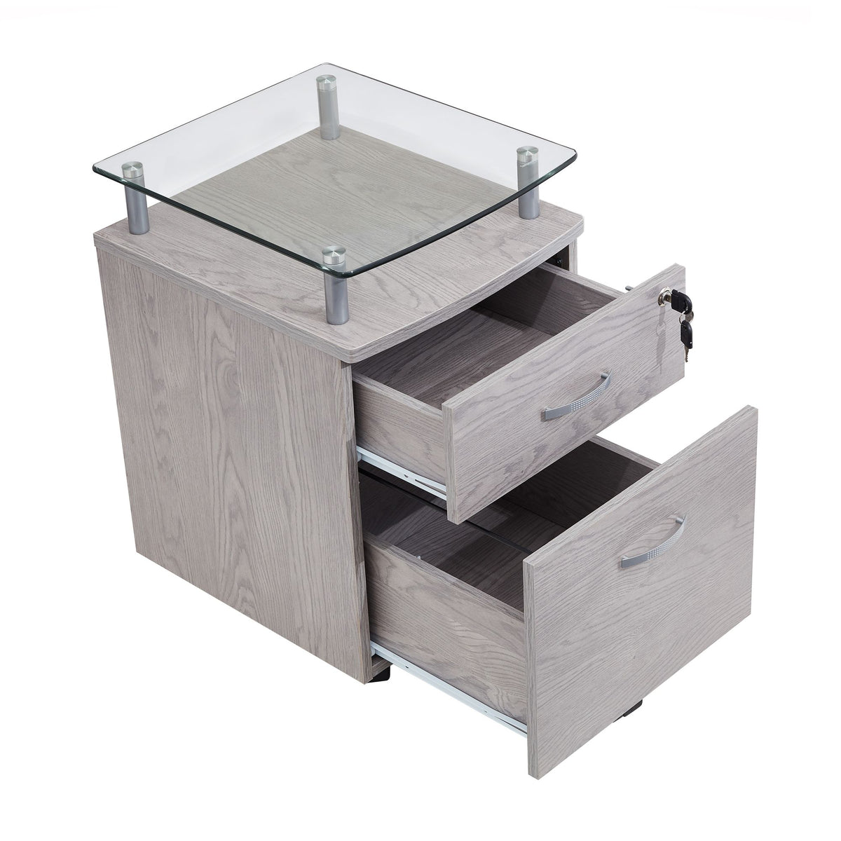 Secure Rolling File Cabinet with Glass Top and Locking Drawers