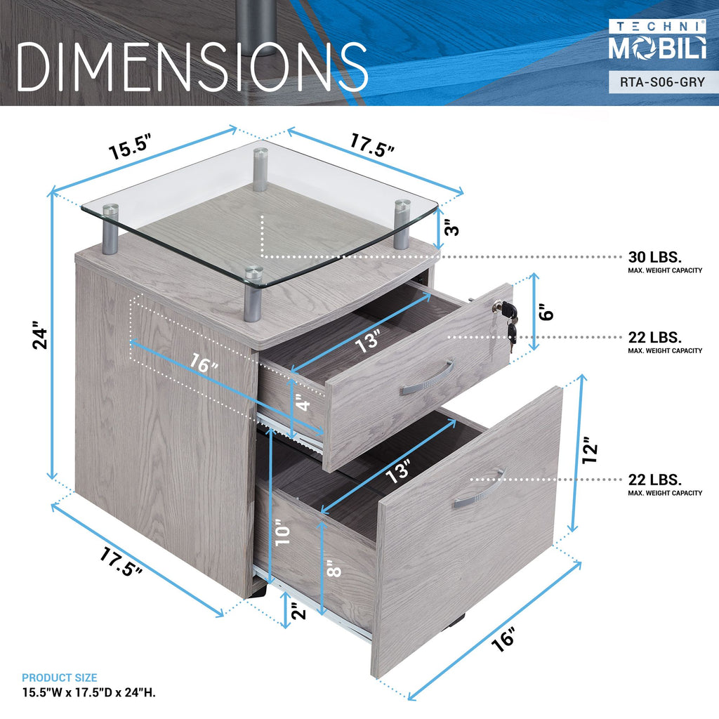 Secure Rolling File Cabinet with Glass Top and Locking Drawers