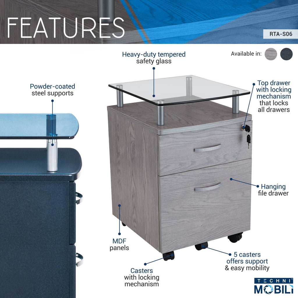 Secure Rolling File Cabinet with Glass Top and Locking Drawers