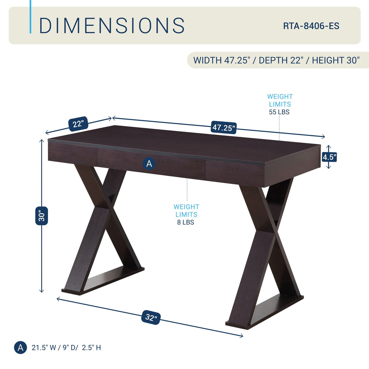 Techni Mobili Trendy Writing Desk with Drawer, Espresso