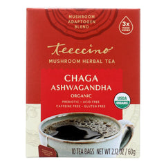 Teeccino Mushroom Chaga Ashwagandha Tea - Case of 6 (10 Bags Each)