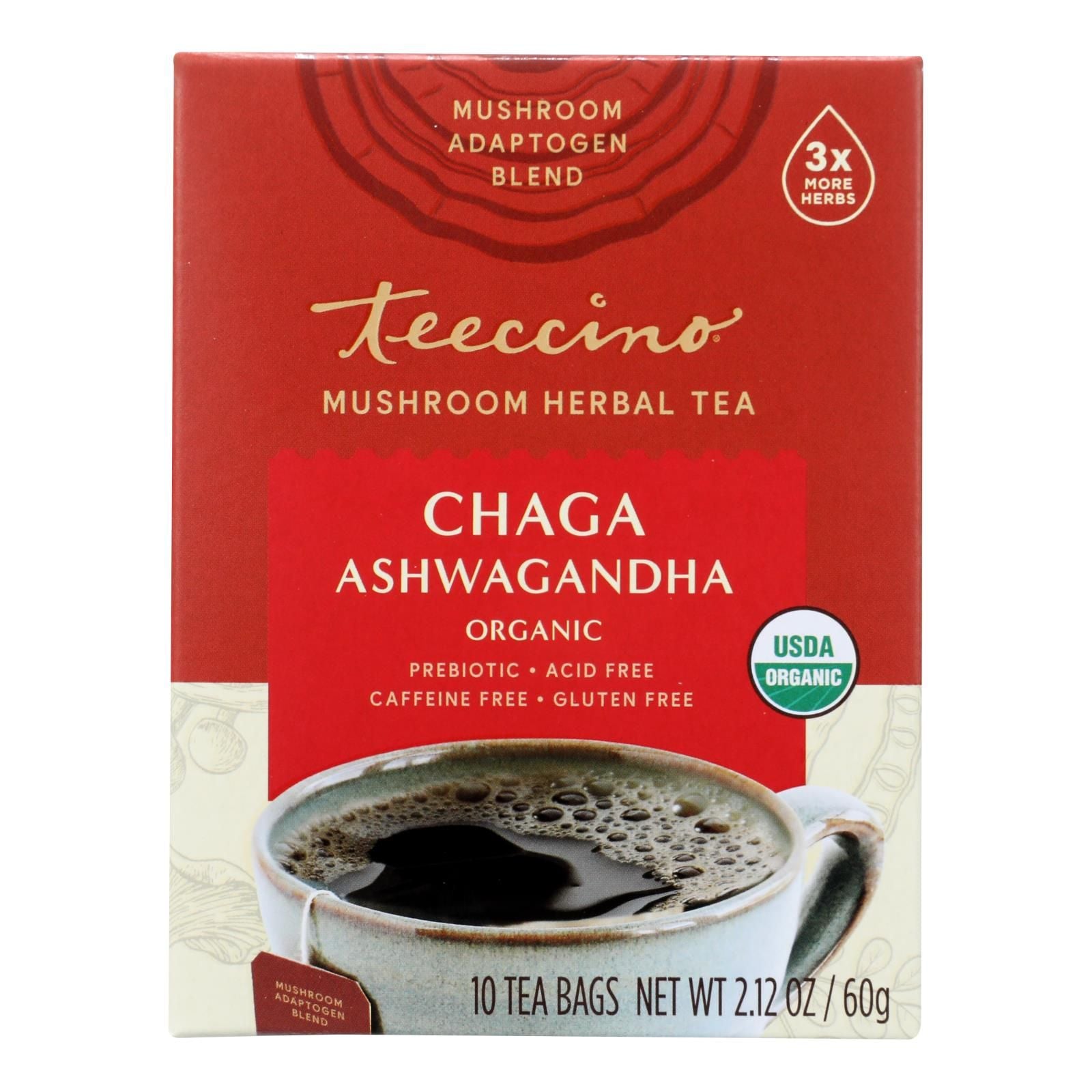 Teeccino Mushroom Chaga Ashwagandha Tea - Case of 6 (10 Bags Each)