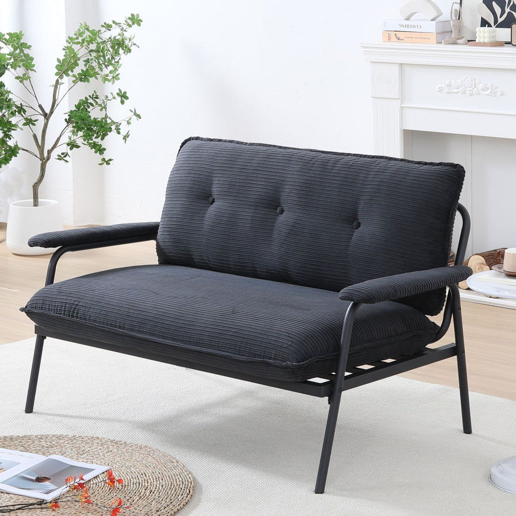 Modern Button Tufted Double Seat Sofa with Green Striped Fabric