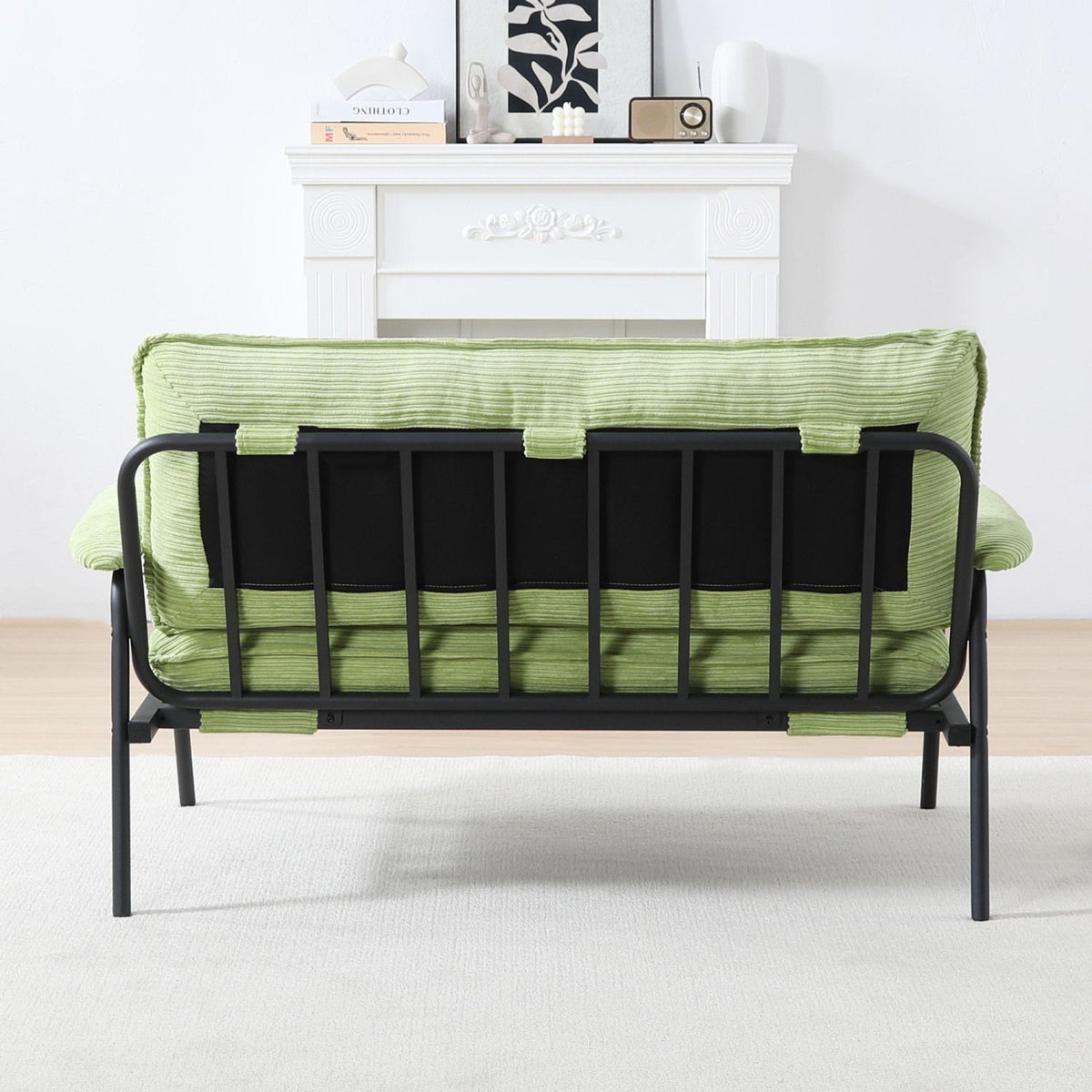 Green Striped Two-Seat Sofa with Button-Tufted Style
