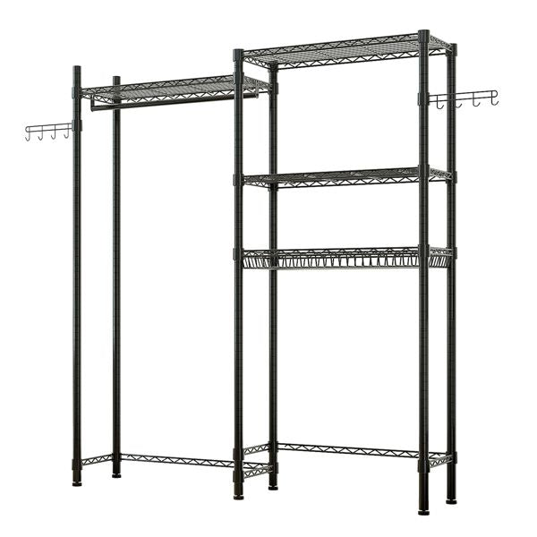 Double-Layer Adjustable Clothes Rack with Shelves and Hooks