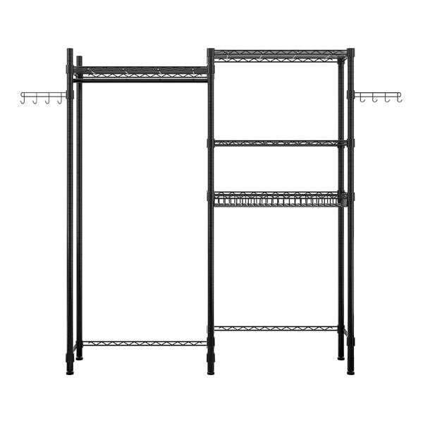 Double-Layer Adjustable Clothes Rack with Shelves and Hooks