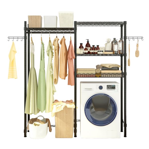Double-Layer Adjustable Clothes Rack with Shelves and Hooks