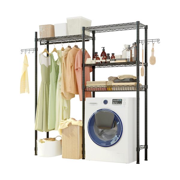 Double-Layer Adjustable Clothes Rack with Shelves and Hooks