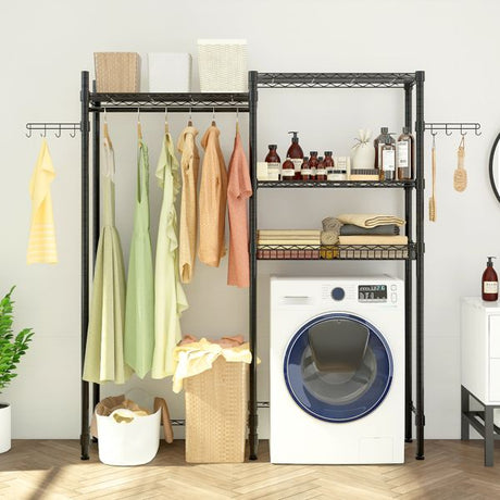 Double-Layer Adjustable Clothes Rack with Shelves and Hooks